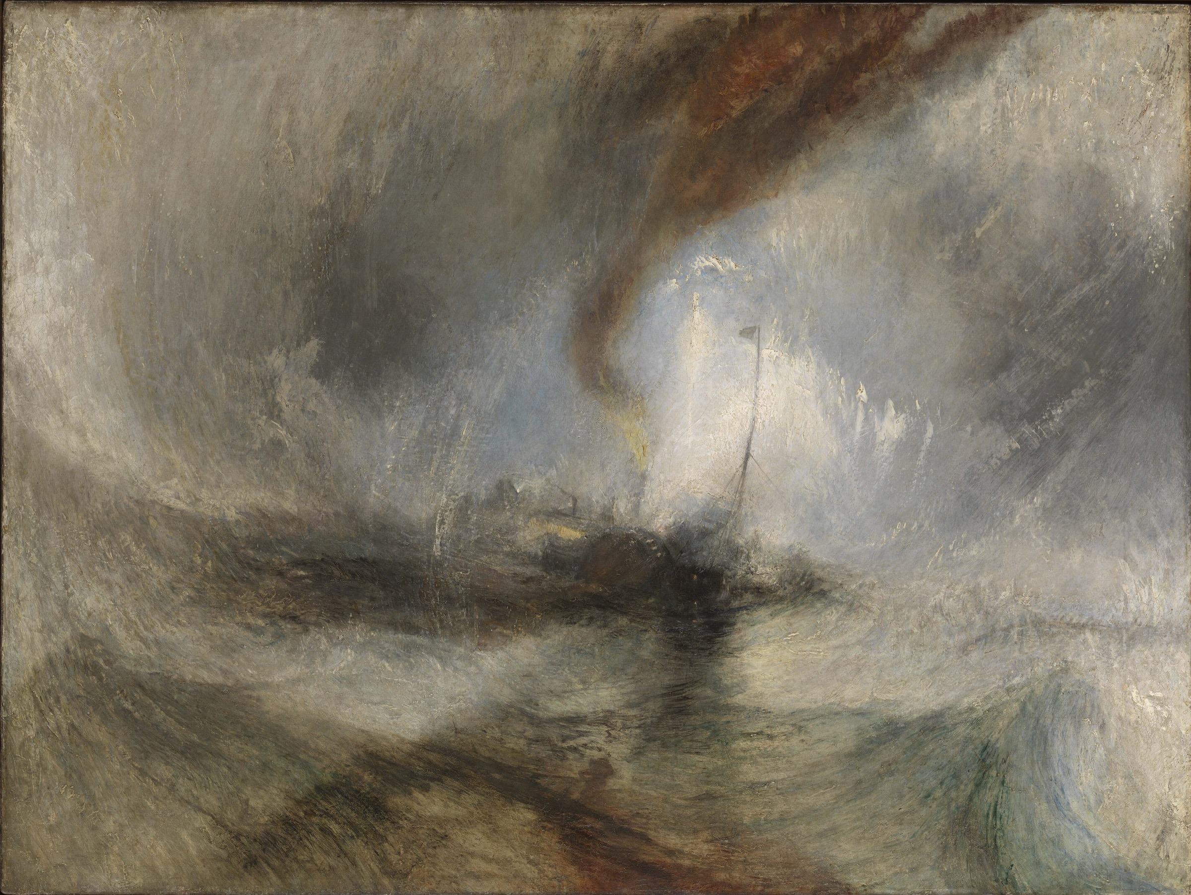 Snow Storm, Steam-Boat off a Harbour's Mouth by J M W Turner, a vessel caught in a vortex of snow and sea