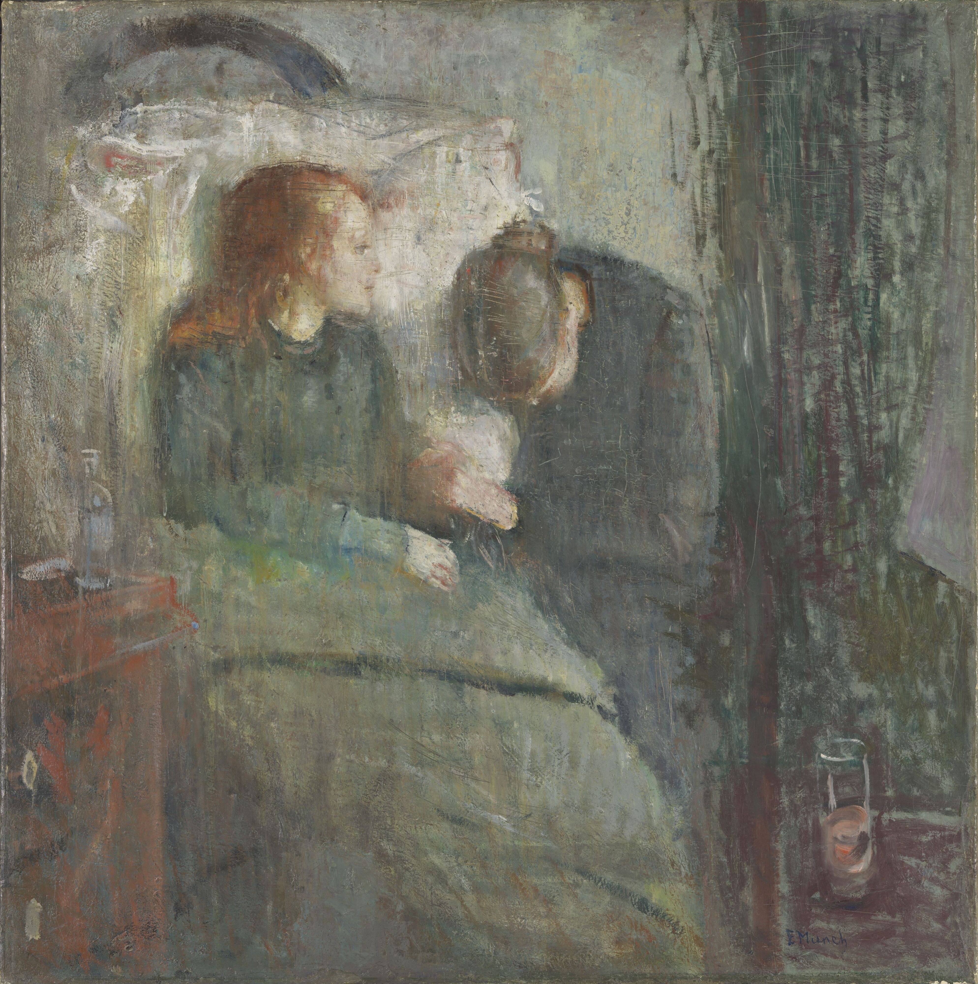 The Sick Child by Edvard Munch: a pale girl propped on a white pillow, and beside her a woman with her head bowed so low her face cannot be seen, their hands joined on the blanket