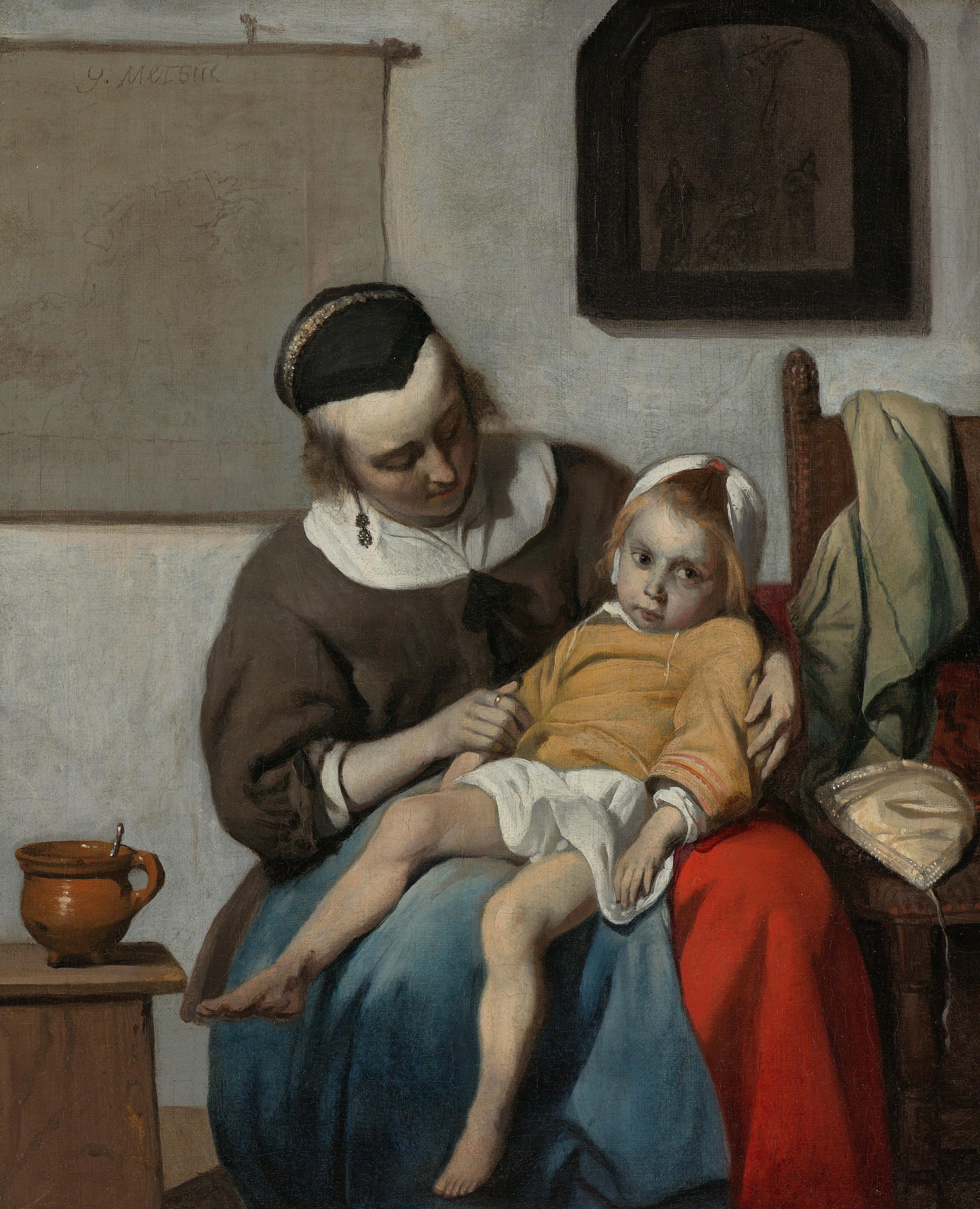 The Sick Child by Gabriël Metsu: a woman looks down at a pale, listless child sitting on her lap, who stares out at the viewer; a pot with a spoon stands on a small table to the left