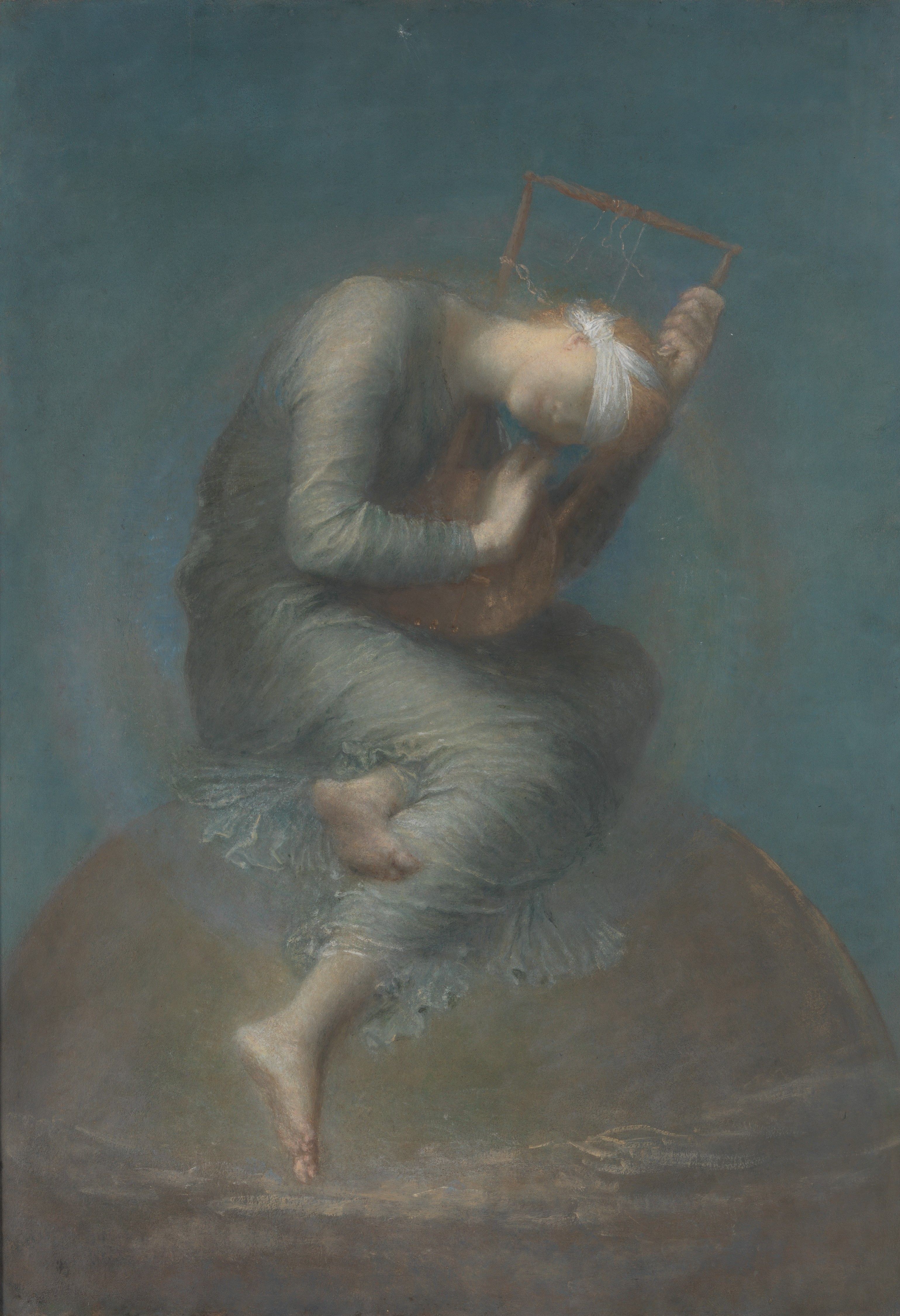 Hope by George Frederic Watts: a blindfolded woman sits on a globe, bent over a lyre whose strings are broken but one, her head lowered to listen for its note