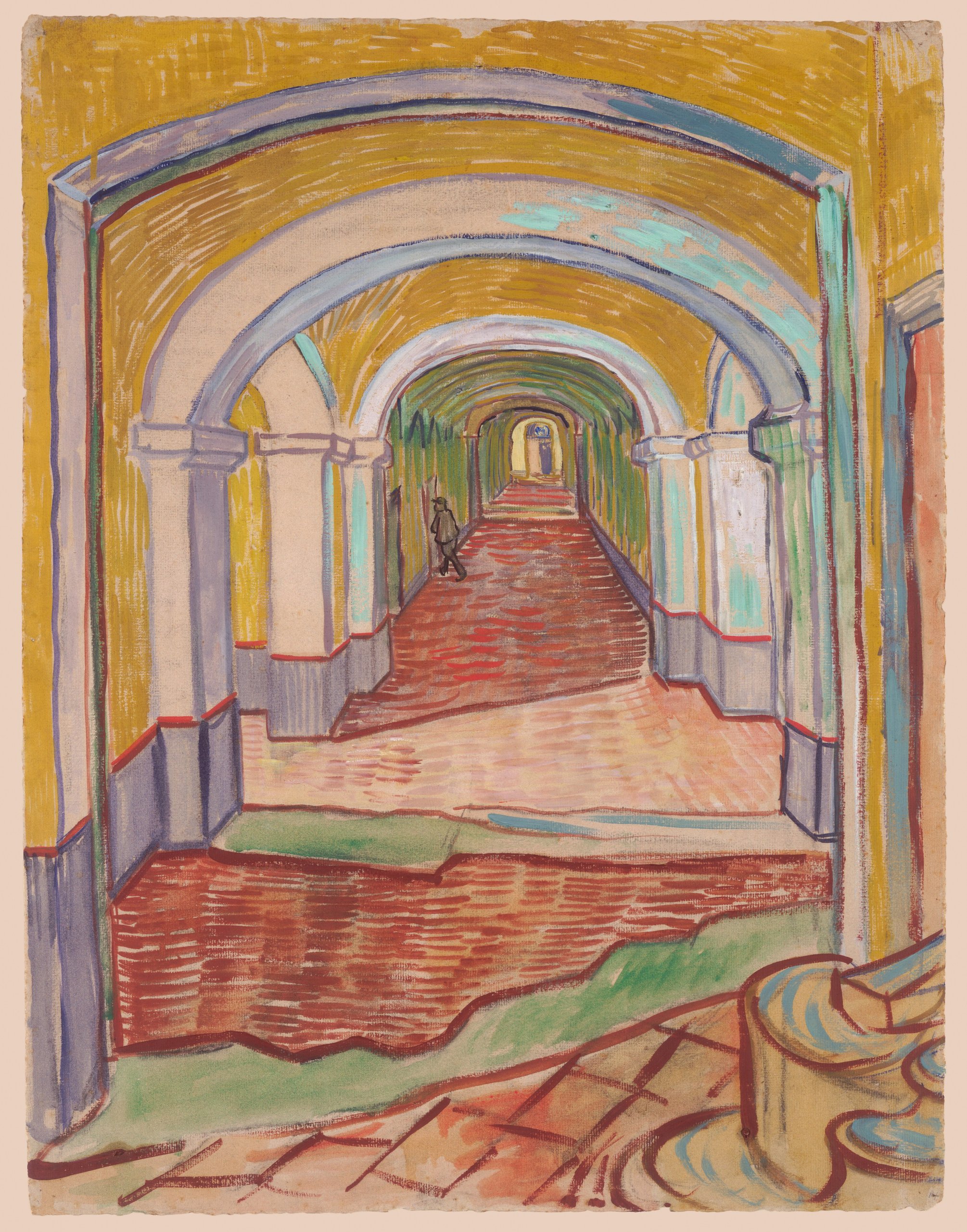 Corridor in the Asylum by Vincent van Gogh, a long institutional corridor of arches and closed doors with one small figure walking away down it