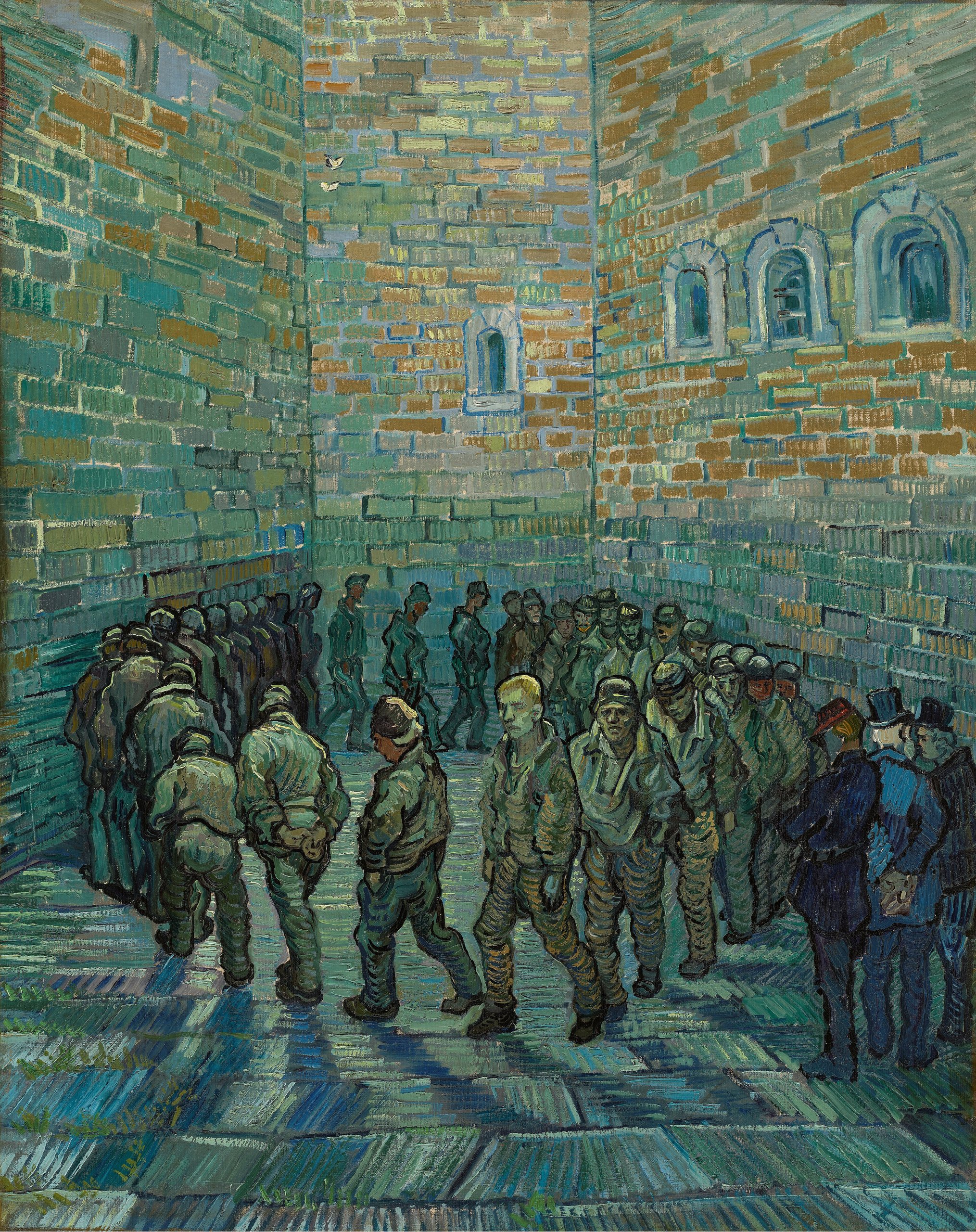 The Prison Courtyard by Vincent van Gogh, men walking in a slow ring inside high brick walls