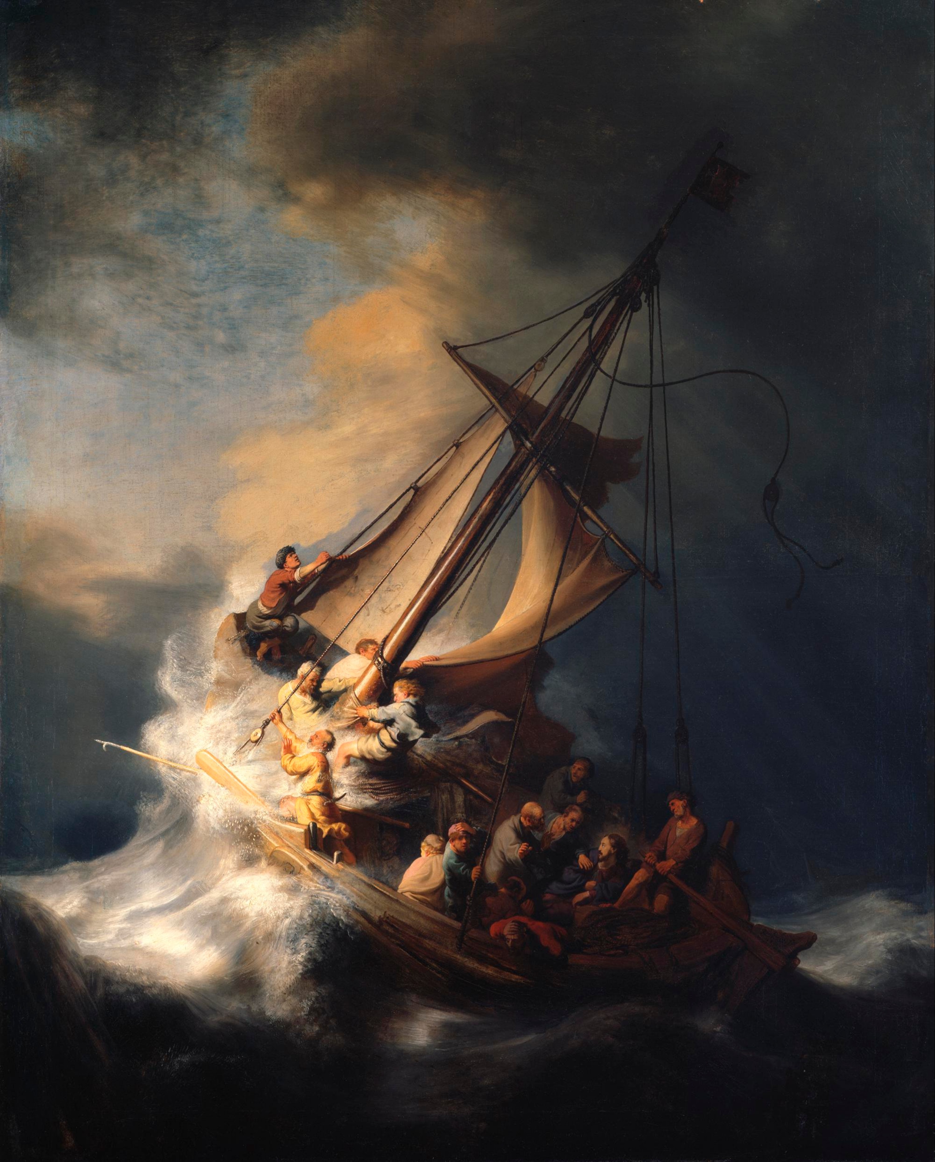Christ in the Storm on the Sea of Galilee by Rembrandt: a fishing boat thrown up on a breaking wave under black cloud, its crew hauling at the ropes or huddled in the stern