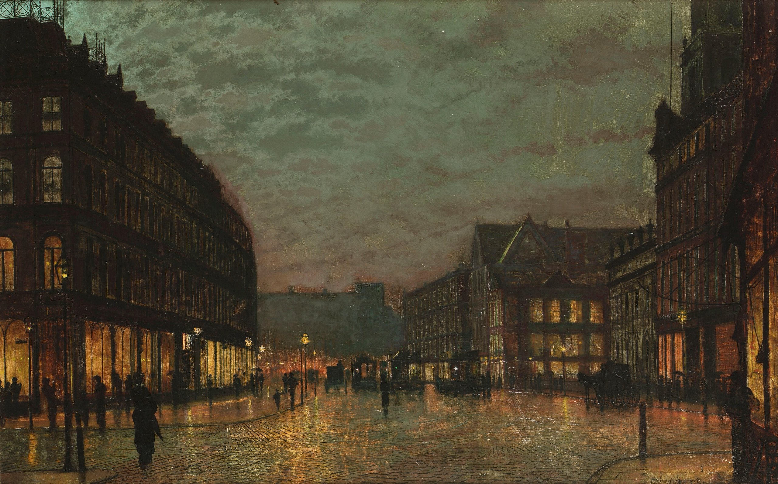 Boar Lane, Leeds, by John Atkinson Grimshaw, a wet gaslit street at night with figures walking and lit shop windows