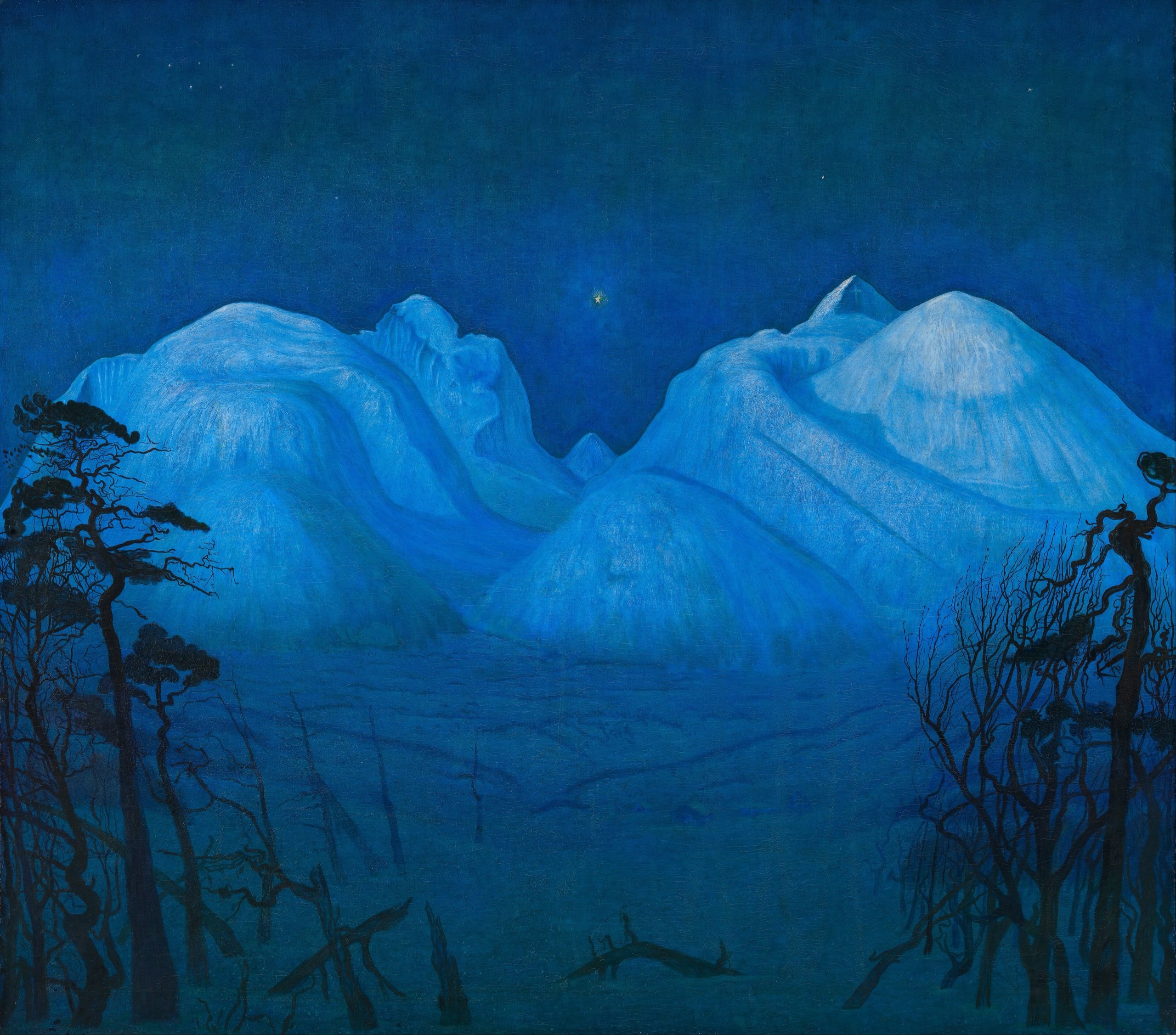 Winter Night in the Mountains by Harald Sohlberg, blue snow peaks under a dark sky with a single star