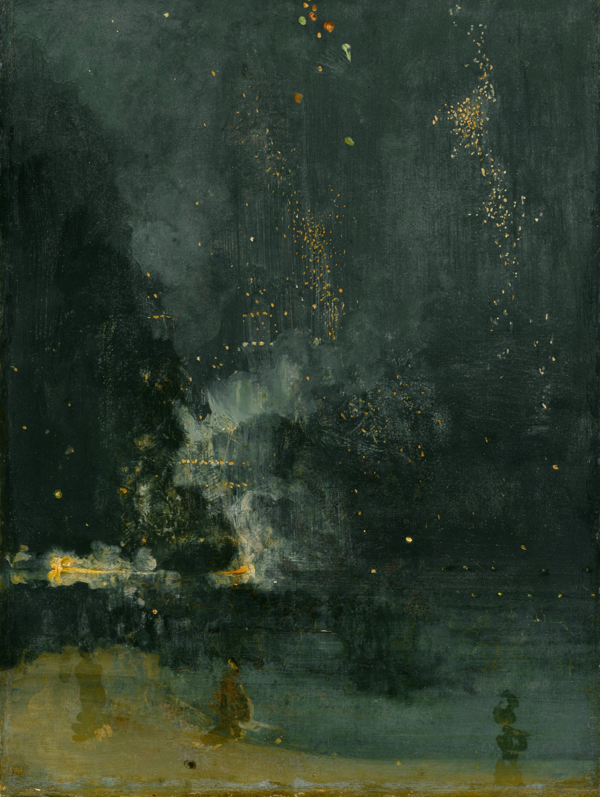 Nocturne in Black and Gold, The Falling Rocket, by James McNeill Whistler, gold sparks falling through a dark green and black night